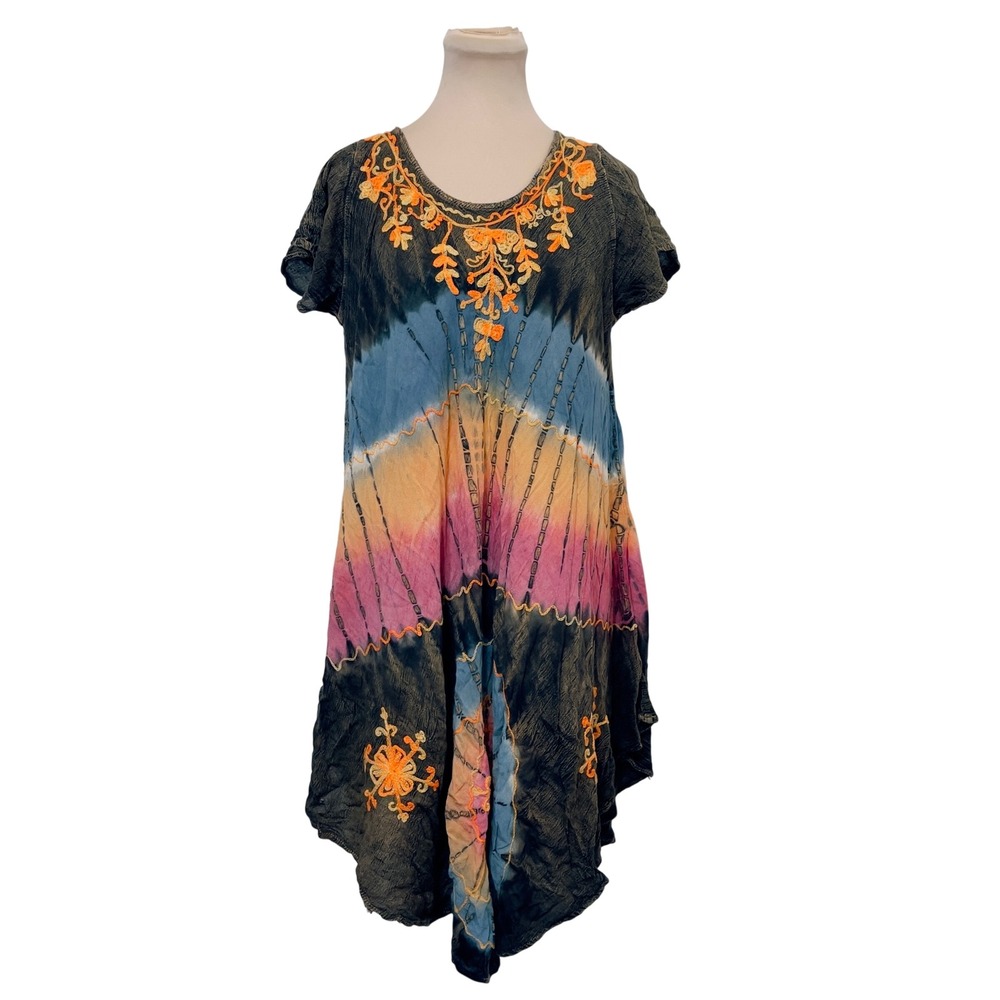 NF Women Tie Dye Embroidered Handkerchief Hem Dress Free Size Boho Hippie Tunic